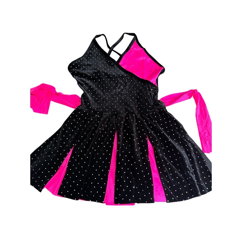 Vintage Y2K Dance Ice Skating Costume Black Velvet Sparkle Pink Size M/L